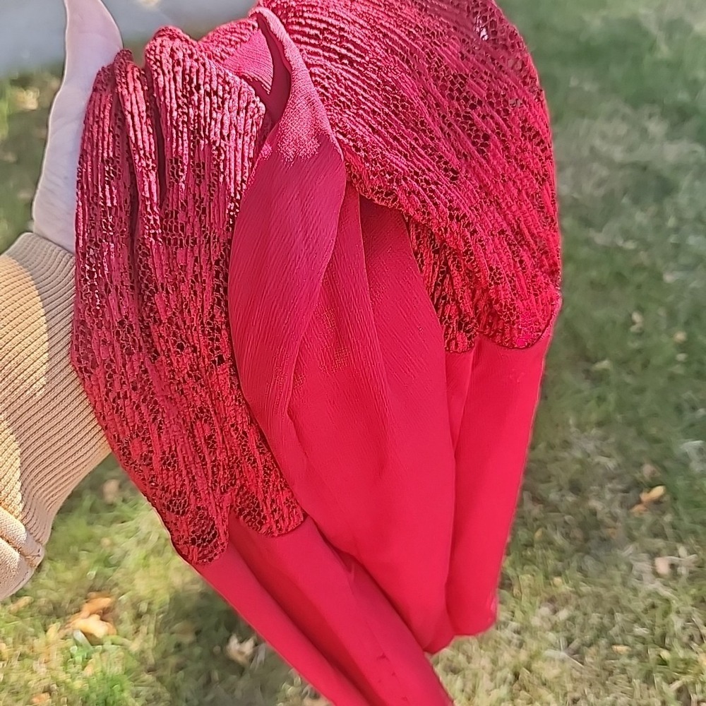 Roz & Ali Maroon Red Lace Women Top Size Large Bell Sleeve Fairy Whimsical Flowy - Picture 14 of 14